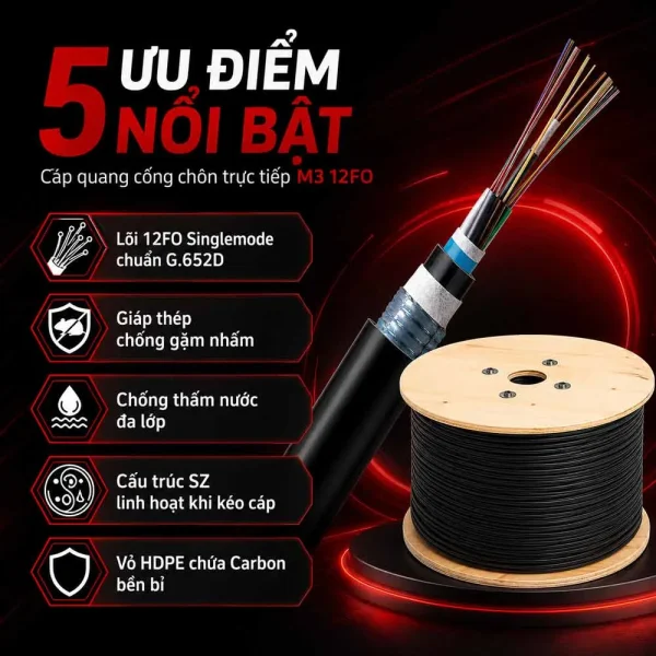 Cáp quang cống chôn trực tiếp M3 Singlemode 12FO – M3-SM12F