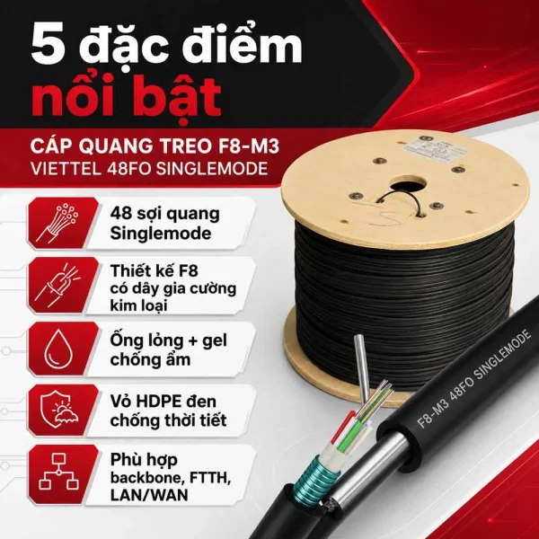 Cáp quang treo F8-M3 Viettel – 48Fo Singlemode – F8-M3-SM-48F