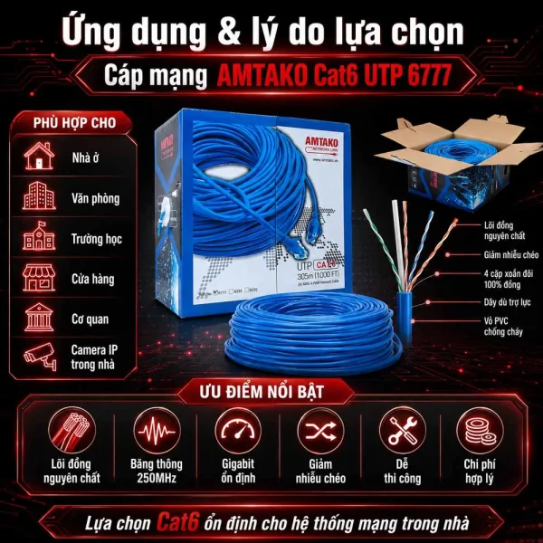 Cáp mạng AMTAKO Cat6 6777 UTP đồng nguyên chất