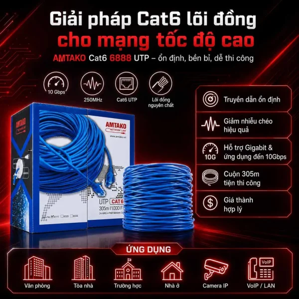Cáp mạng AMTAKO Cat6 UTP 6888 Đồng nguyên chất