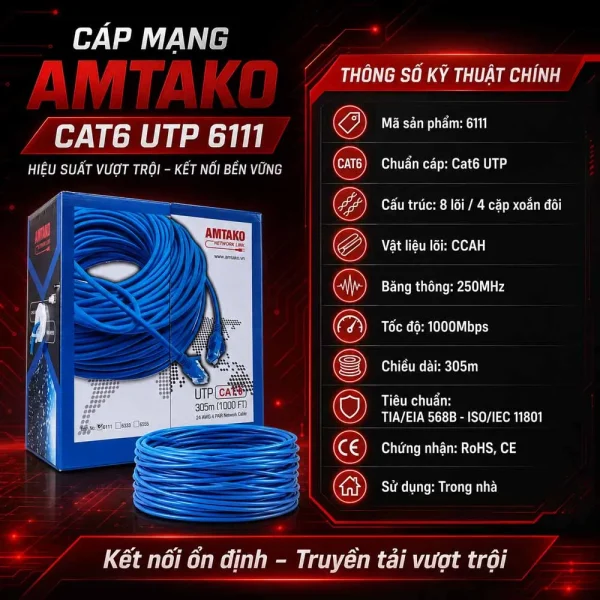 Cáp mạng AMTAKO Cat6 UTP 6111 Chính Hãng, Giá Rẻ