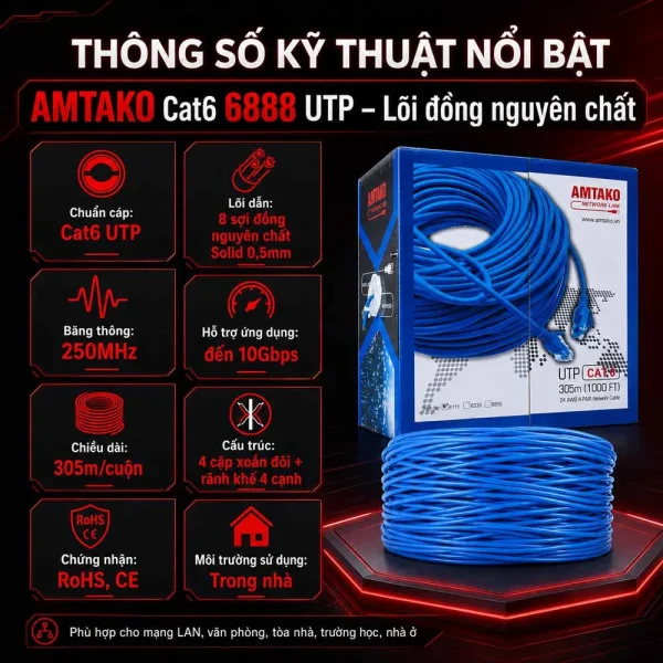 Cáp mạng AMTAKO Cat6 UTP 6888 Đồng nguyên chất