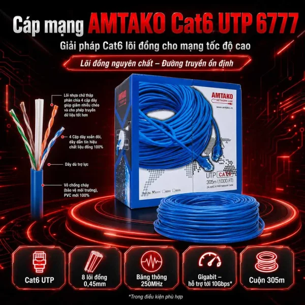 Cáp mạng AMTAKO Cat6 6777 UTP đồng nguyên chất