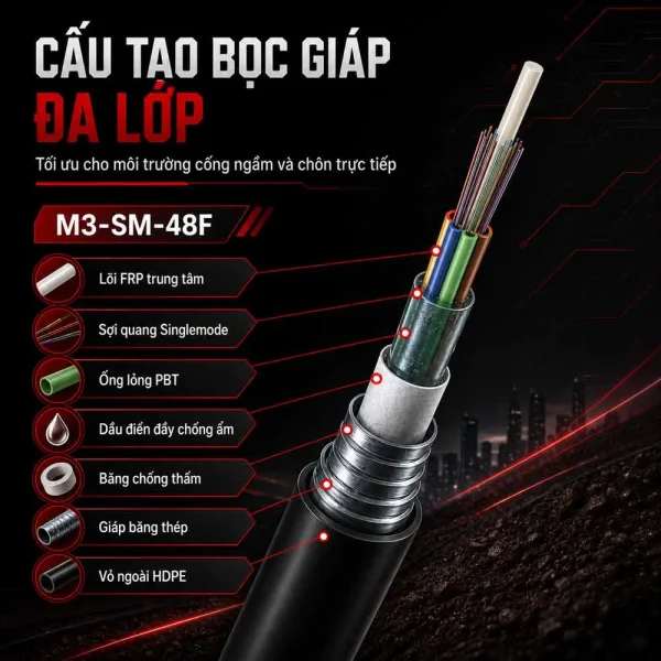 Cáp quang cống chôn trực tiếp M3 Singlemode 48FO – M3-SM-48F