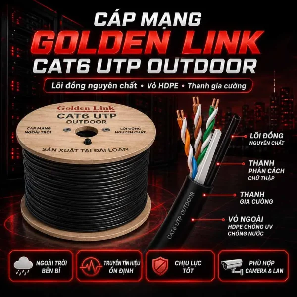 Dây cáp mạng ngoài trời Golden Link Cat6 UTP Outdoor PN: PECAT6-BC