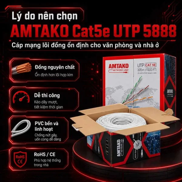 Cáp mạng AMTAKO Cat5e UTP 5888 Đồng nguyên chất