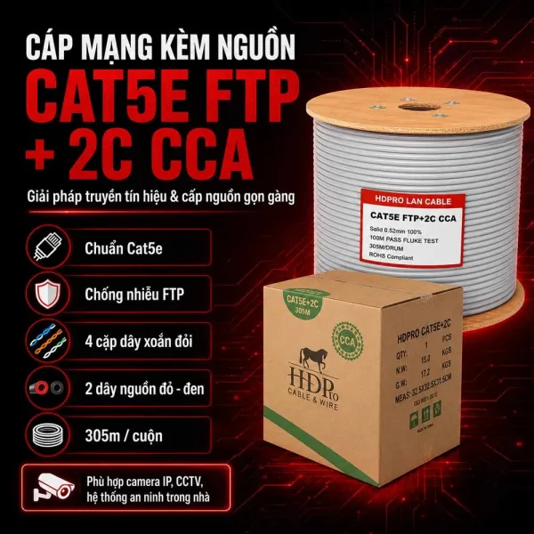 Cáp mạng kèm nguồn HDPRO Cat5e FTP + 2C CCA