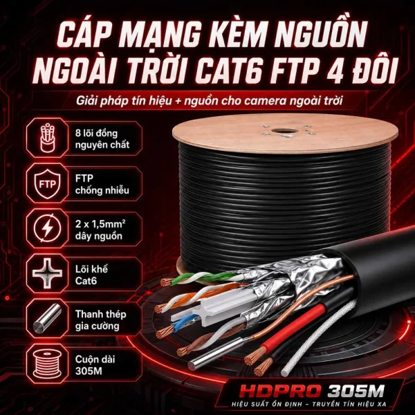 Cáp mạng kèm nguồn ngoài trời CAT6 FTP HDPRO 305M