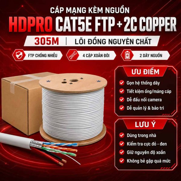 Cáp mạng kèm nguồn HDPRO Cat5E FTP + 2C Copper