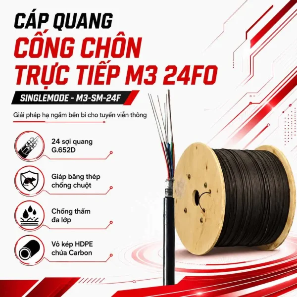 Cáp quang cống chôn trực tiếp M3 Singlemode 24FO chính hãng