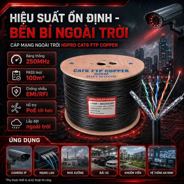 Cáp mạng ngoài trời HDPRO CAT6 FTP đồng nguyên chất