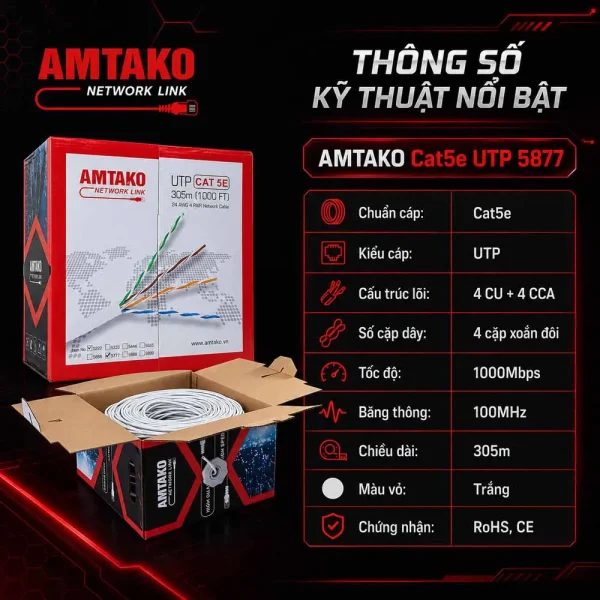 Cáp mạng AMTAKO Cat5e 5877 Chính Hãng, Giá Rẻ