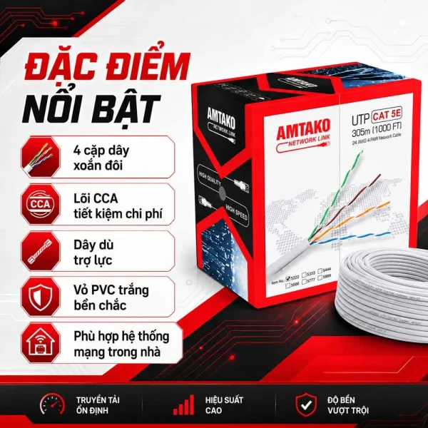 Cáp mạng AMTAKO Cat5e 5222 Chính Hãng, Giá Rẻ