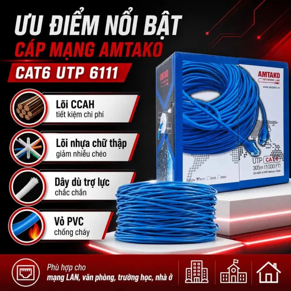 Cáp mạng AMTAKO Cat6 UTP 6111 Chính Hãng, Giá Rẻ