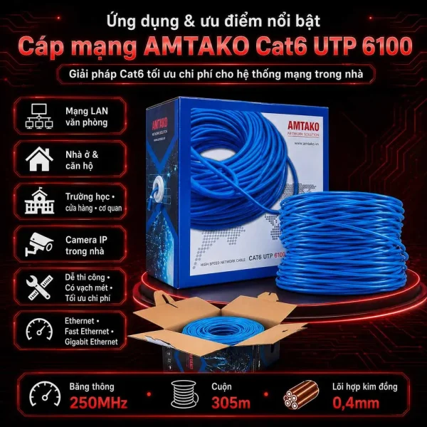 Cáp mạng AMTAKO Cat6 UTP 6100 Chính Hãng, Giá Rẻ