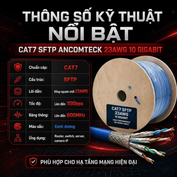 Cáp mạng CAT7 SFTP Ancomteck 23AWG 10 GIGABIT ACT-BOX305-7BLUE