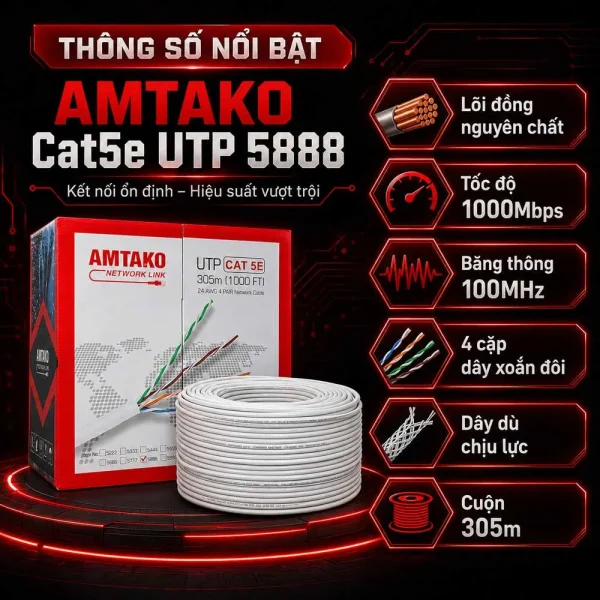 Cáp mạng AMTAKO Cat5e UTP 5888 Đồng nguyên chất