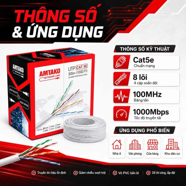 Cáp mạng AMTAKO Cat5e 5222 Chính Hãng, Giá Rẻ