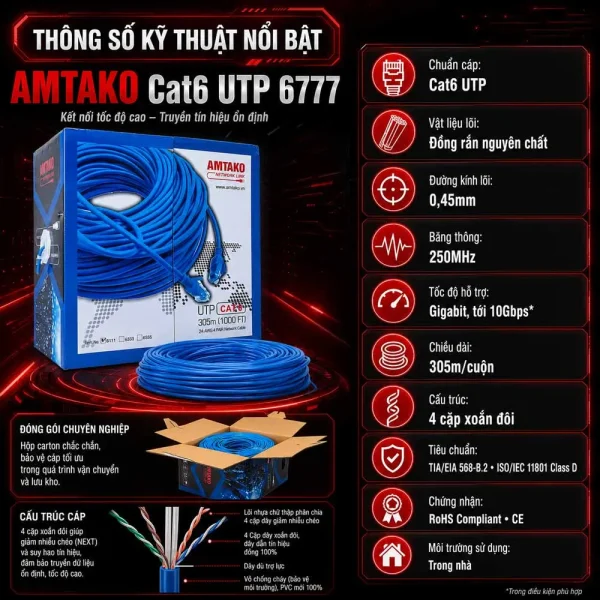 Cáp mạng AMTAKO Cat6 6777 UTP đồng nguyên chất