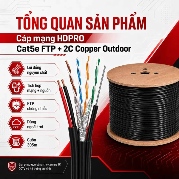 Cáp mạng HDPRO Cat5e FTP + 2C OUTDOOR