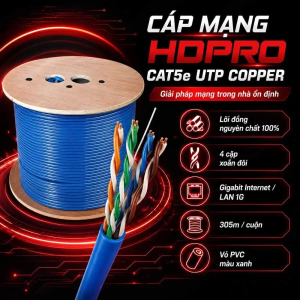 Cáp mạng HDPRO Cat5e UTP Copper đồng nguyên chất