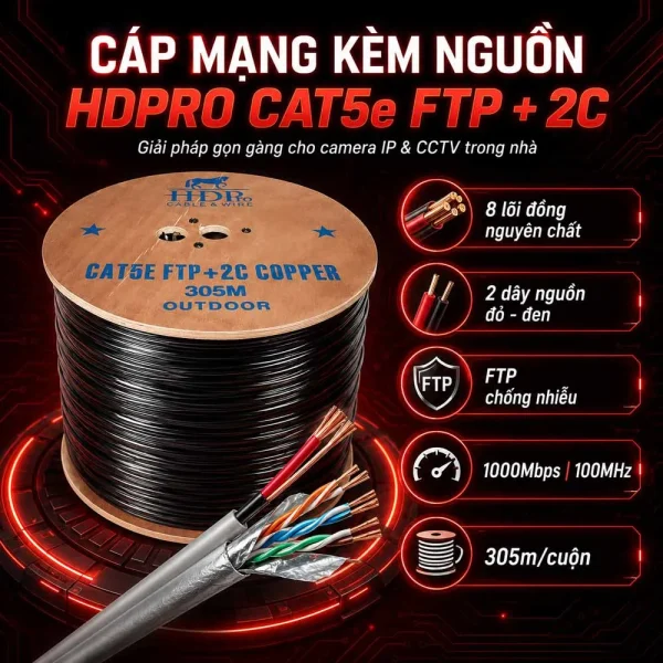 Cáp mạng kèm nguồn HDpro Cat5e FTP + 2C lõi đồng