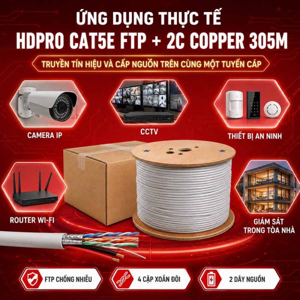 Cáp mạng kèm nguồn HDPRO Cat5E FTP + 2C Copper