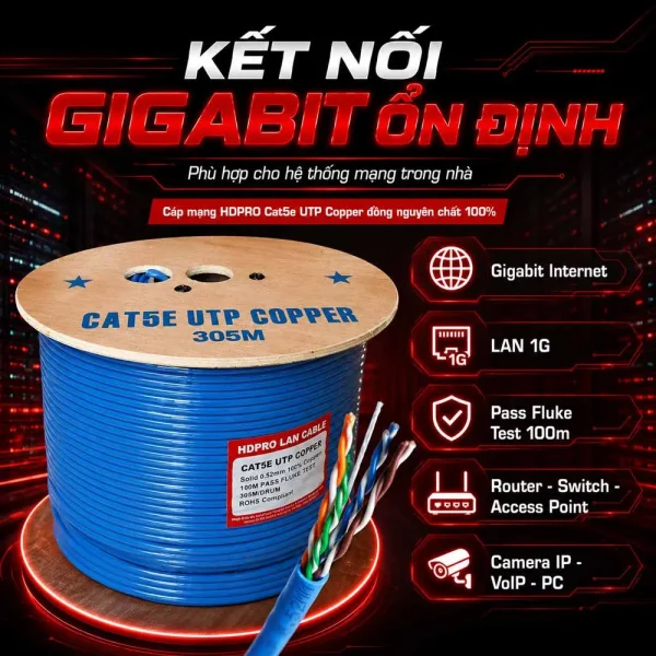 Cáp mạng HDPRO Cat5e UTP Copper đồng nguyên chất