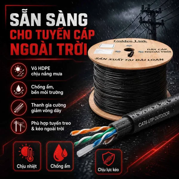 Dây cáp mạng ngoài trời Golden Link Cat6 UTP Outdoor PN: PECAT6-BC