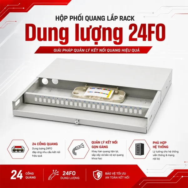 Hộp Phối Quang ODF 24 FO Lắp Rack Chuẩn 19 Inch