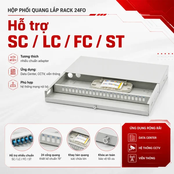 Hộp Phối Quang ODF 24 FO Lắp Rack Chuẩn 19 Inch