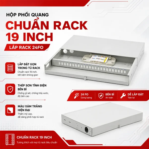 Hộp Phối Quang ODF 24 FO Lắp Rack Chuẩn 19 Inch