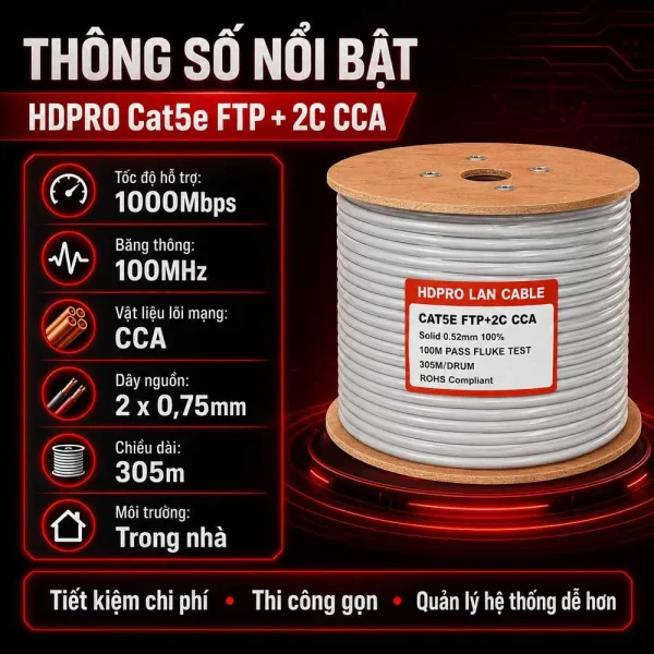 Cáp mạng kèm nguồn HDPRO Cat5e FTP + 2C CCA