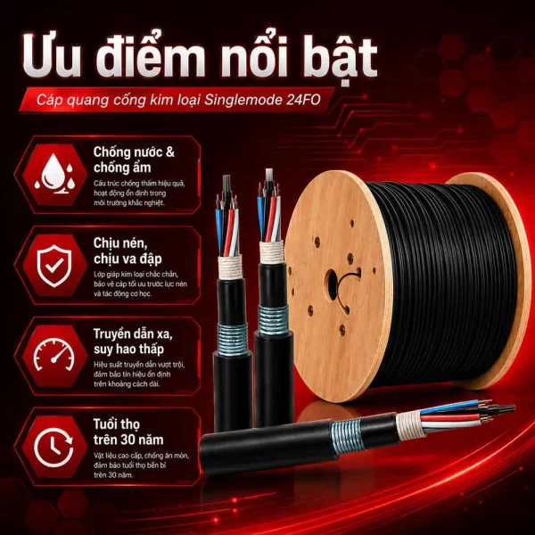 Cáp quang cống kim loại Singlemode 24FO – KL-SM-24F-CTT