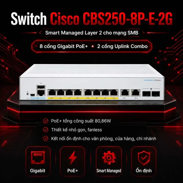 Switch Cisco CBS250-8P-E-2G 8 RJ45 Gigabit + 2 SFP/Gigabit
