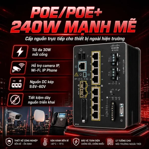 Switch Cisco IE-3200-8P2S-E, 8 cổng GE PoE/PoE+, 2xSFP 1G
