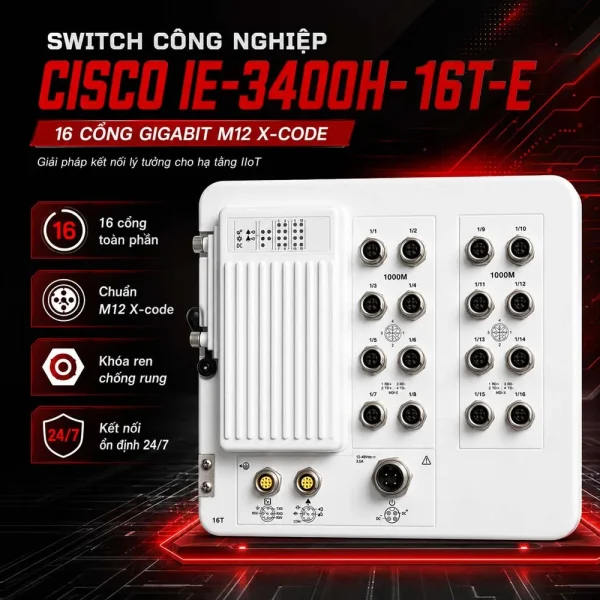 Switch công nghiệp Cisco IE-3400H-16T-E, 16 GE M12