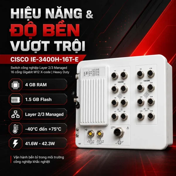 Switch công nghiệp Cisco IE-3400H-16T-E, 16 GE M12