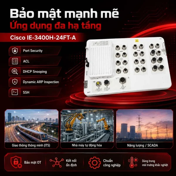 Switch công nghiệp Cisco IE-3400H-24FT-A, 24 FE M12