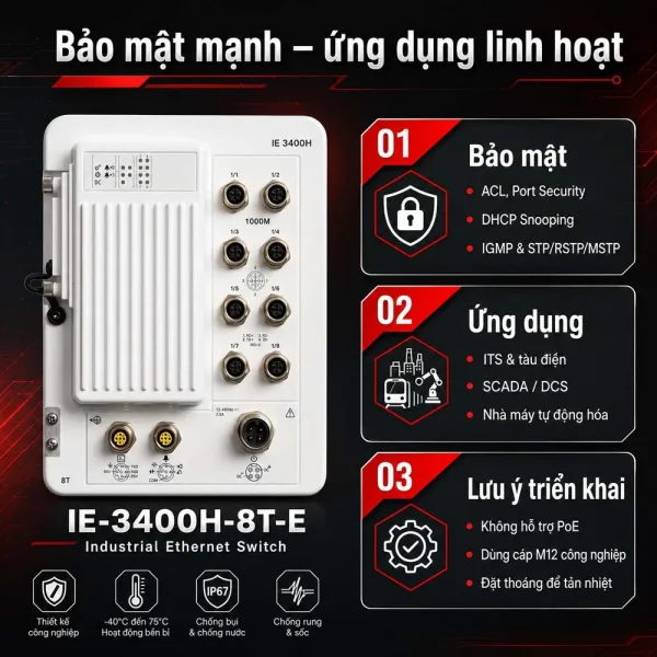 Switch công nghiệp Cisco IE-3400H-8T-E, 8 GE M12