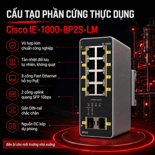 Switch công nghiệp Cisco IE-1000-8P2S-LM, 8 cổng FE hỗ trợ PoE 180W