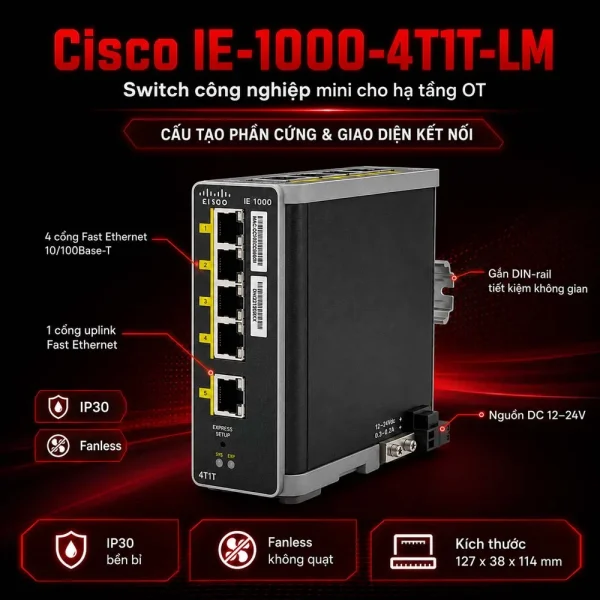 Switch Cisco IE-1000-4T1T-LM, 4 cổng FE, 1 cổng FE Uplink