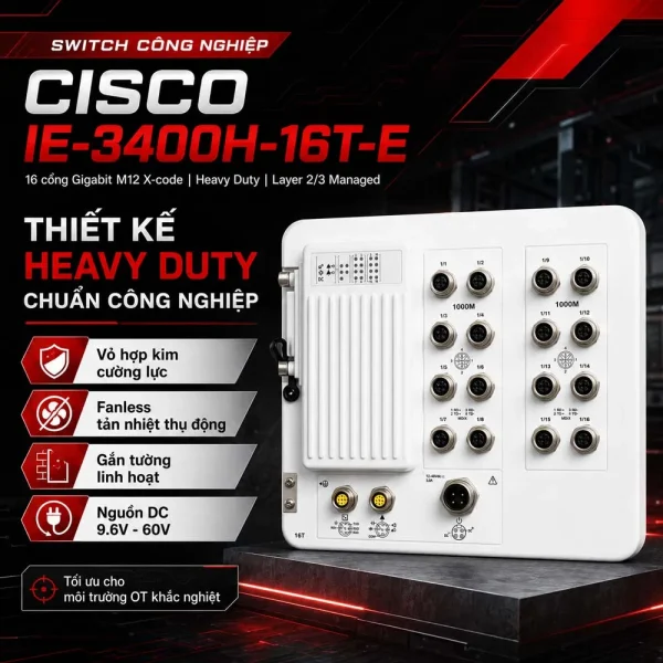 Switch công nghiệp Cisco IE-3400H-16T-E, 16 GE M12