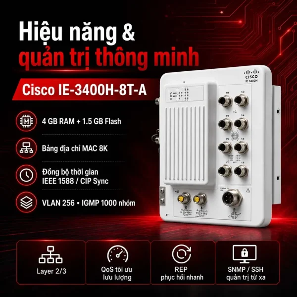 Switch công nghiệp Cisco IE-3400H-8T-A, 8 GE M12