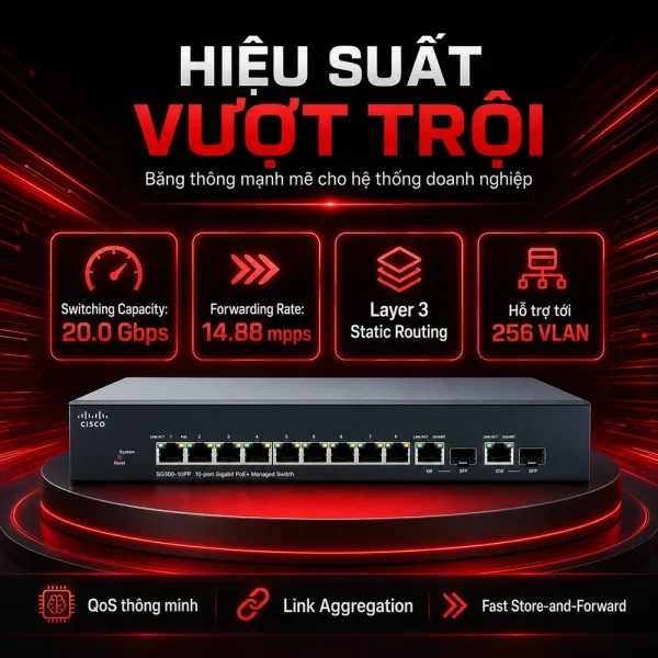 Switch chia mạng POE Cisco SG300-10PP 10Port 10/100/1000Mbps