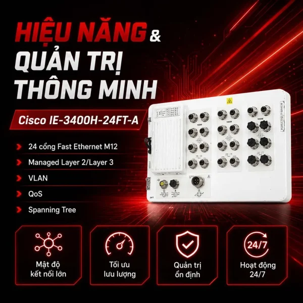 Switch công nghiệp Cisco IE-3400H-24FT-A, 24 FE M12