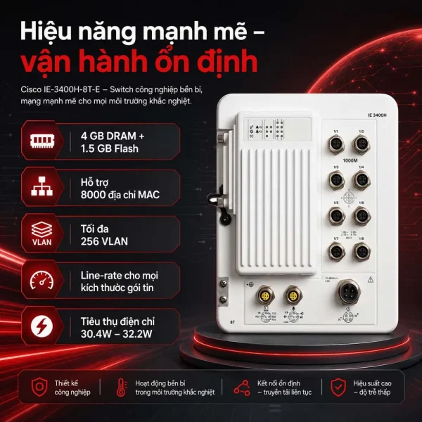 Switch công nghiệp Cisco IE-3400H-8T-E, 8 GE M12