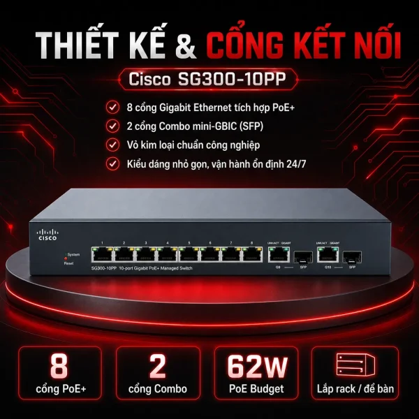 Switch chia mạng POE Cisco SG300-10PP 10Port 10/100/1000Mbps