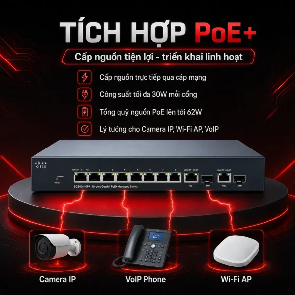 Switch chia mạng POE Cisco SG300-10PP 10Port 10/100/1000Mbps