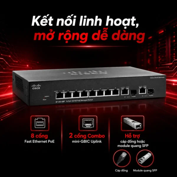 Switch chia mạng PoE Cisco SF302-08P 8Port 10/100Mbps